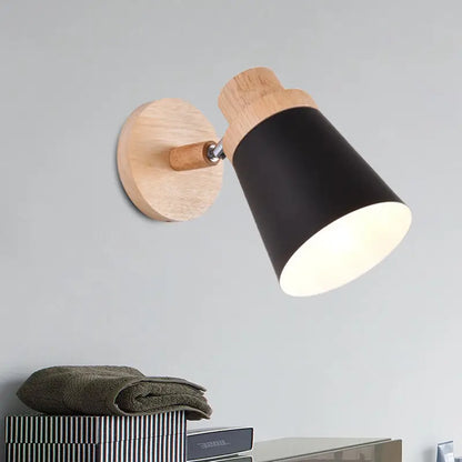 Gray Wood Coolie Wall Light with black cone shade and natural wood wall plate on Tampa Home & Garden Store