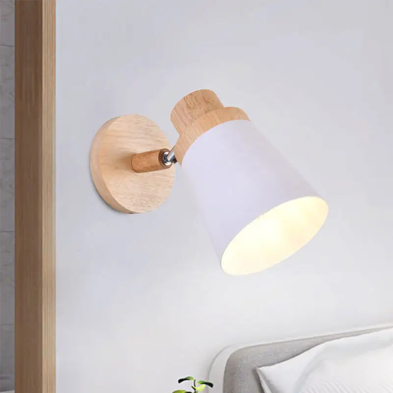Gray Wood Coolie Wall Light with natural wood mount and white shade by Decorbites on Tampa Home & Garden Store