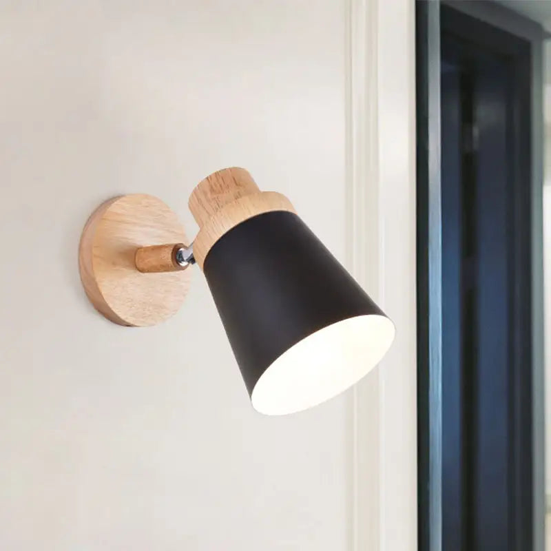 Gray Wood Coolie Wall Light with black shade on round wooden mount on Tampa Home & Garden Store