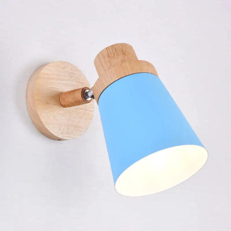 Gray wood coolie wall light with blue cylindrical shade and natural wood mount by Decorbites on Tampa Home & Garden Store