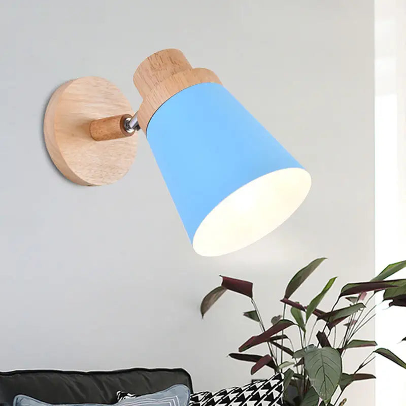 Gray wood coolie wall light with blue shade and natural wood wall mount Decorbites on Tampa Home & Garden Store