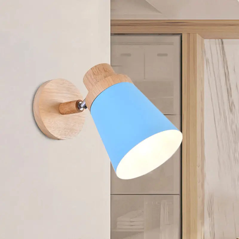 Decorbites gray wood coolie wall light with blue shade on round wall mount on Tampa Home & Garden Store