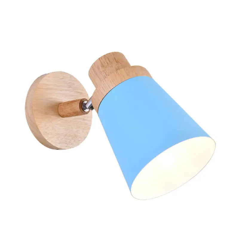 Gray wood coolie wall light with blue shade and wood mounting by Decorbites on Tampa Home & Garden Store