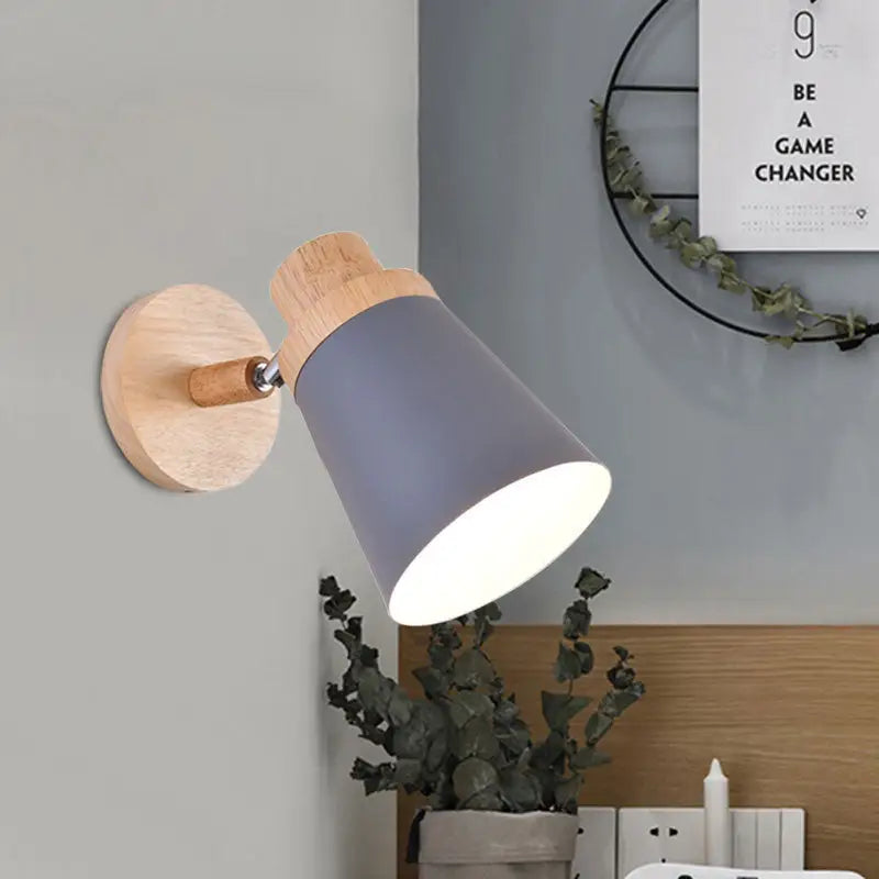 Decorbites Gray Wood Coolie wall light with natural wood mount and gray conical shade on Tampa Home & Garden Store