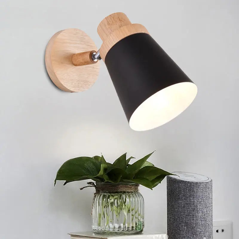 Gray wood coolie wall light with black shade on round natural wood mount Decorbites on Tampa Home & Garden Store