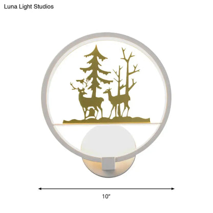 White Gold Elk Wall Light circular sconce with forest silhouettes, Decorbites 10in on Tampa Home & Garden Store