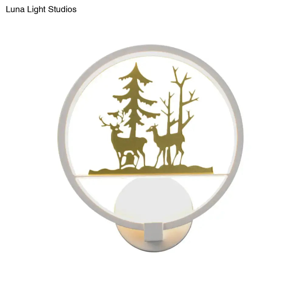 White Gold Elk Wall Light round sconce with gold elk silhouettes and trees warm glow Decorbites on Tampa Home & Garden Store