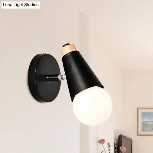 Bamboo Cone Wall Light with black metal cone shade and round wall mount, white globe bulb on Tampa Home & Garden Store