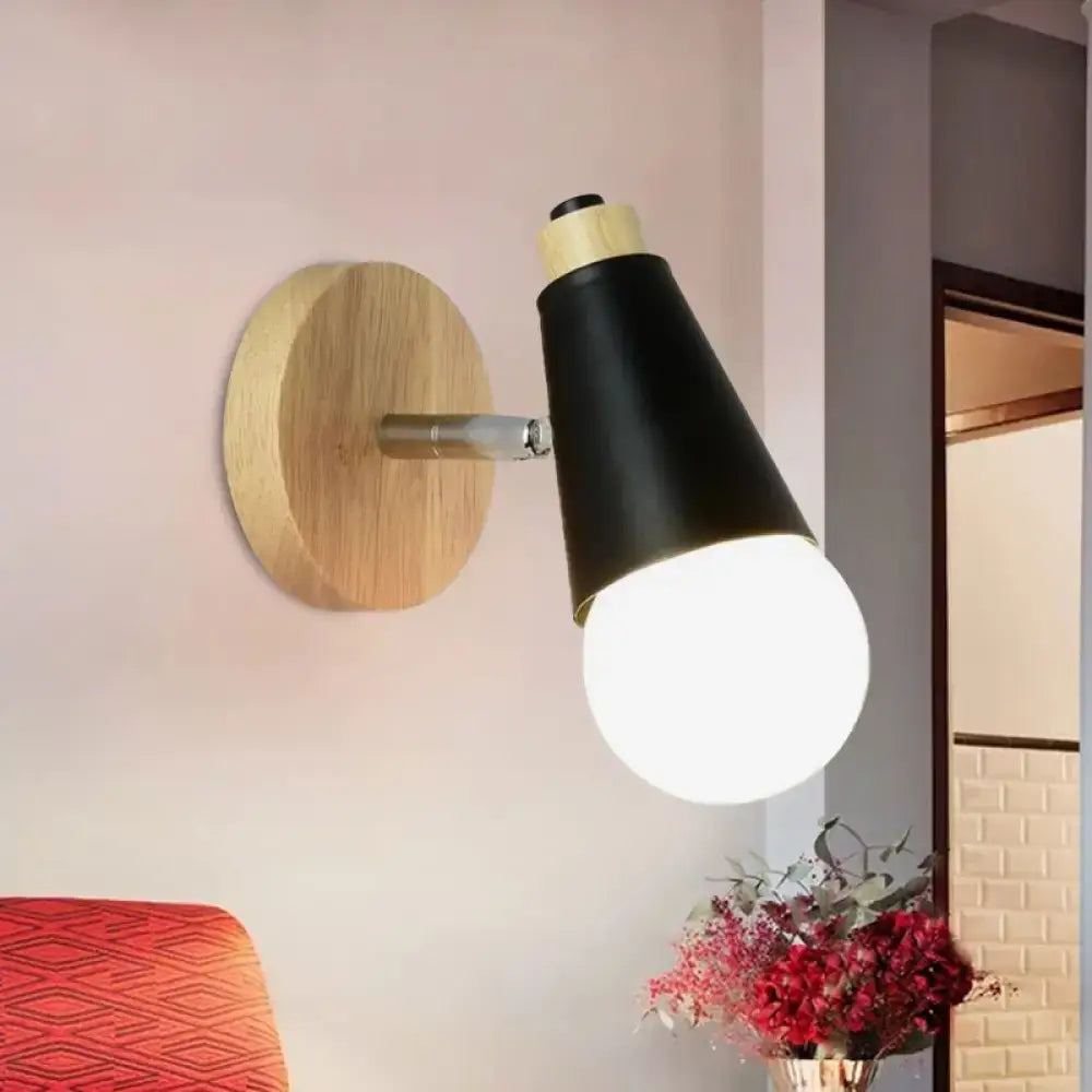 Bamboo Cone Wall Light by Decorbites with black metal cone shade on wooden mount on Tampa Home & Garden Store