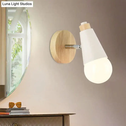 Bamboo Cone Wall Light on a round wooden backplate with a metal arm and white shade, warm bulb on Tampa Home & Garden Store