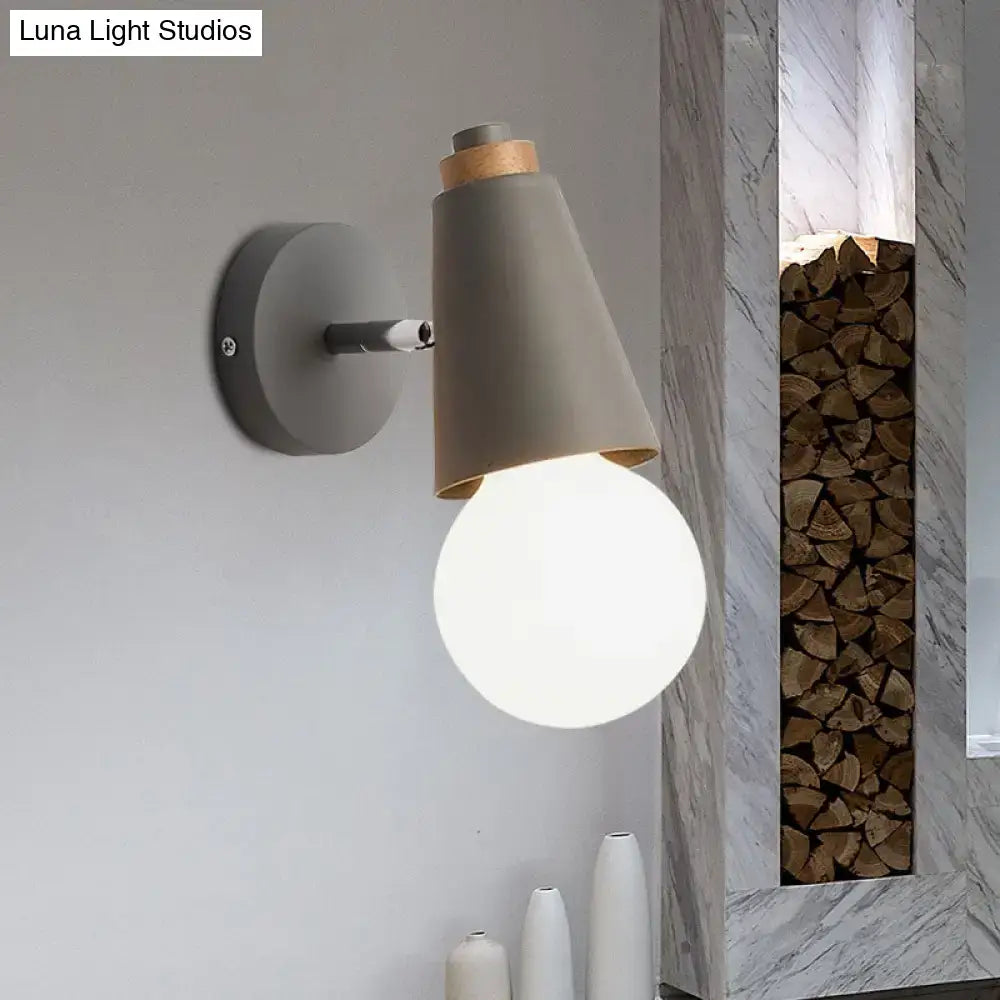 Bamboo Cone Wall Light with gray conical shade and wood accent on wall mount on Tampa Home & Garden Store