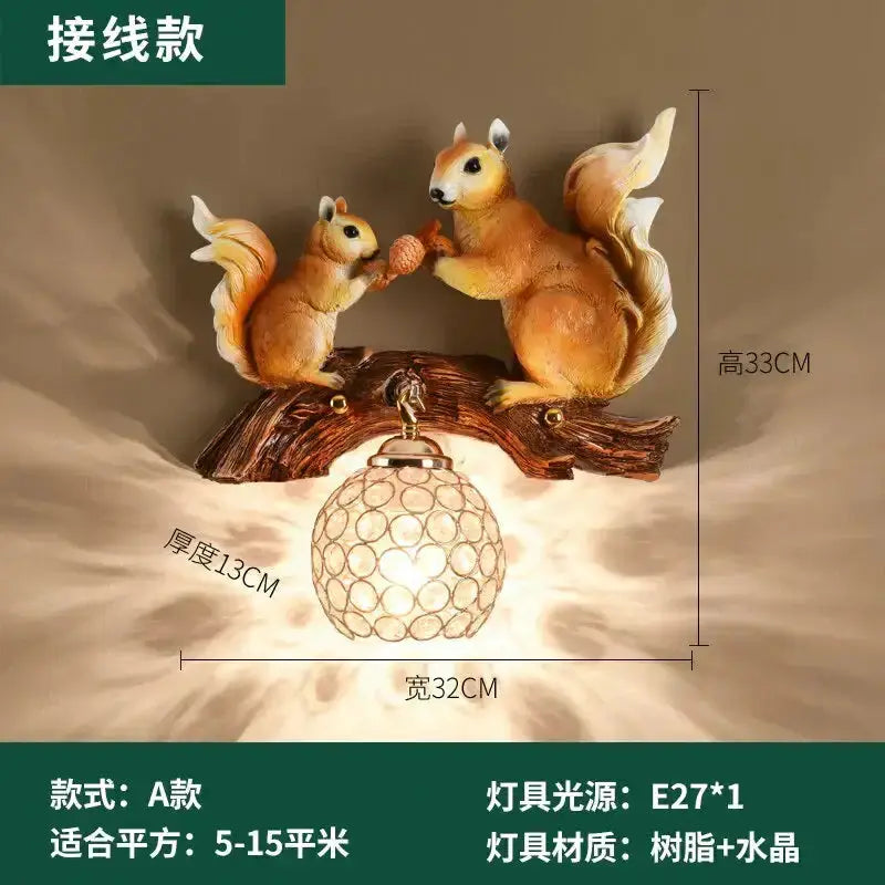 Nordic Vintage Resin Squirrel Wall Lamp Bedroom
