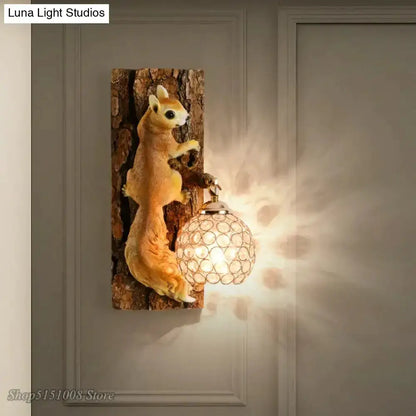 Nordic Vintage Resin Squirrel Wall Lamp Bedroom
