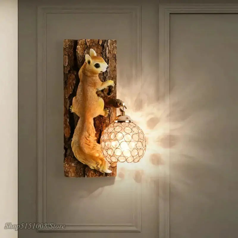 Nordic Vintage Resin Squirrel Wall Lamp Bedroom