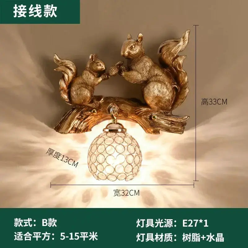 Nordic Vintage Resin Squirrel Wall Lamp Bedroom