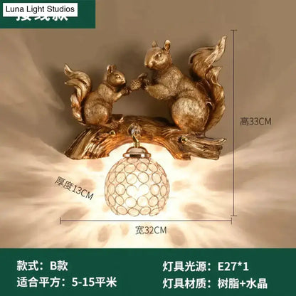 Nordic Vintage Resin Squirrel Wall Lamp Bedroom