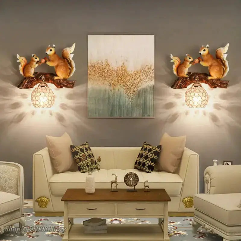 Nordic Vintage Resin Squirrel Wall Lamp Bedroom