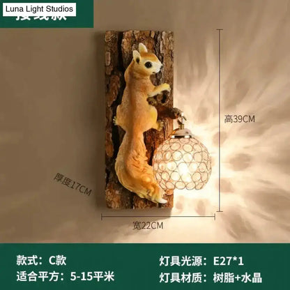 Nordic Vintage Resin Squirrel Wall Lamp Bedroom