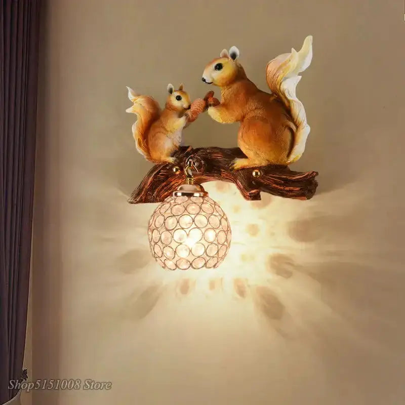 Nordic Vintage Resin Squirrel Wall Lamp Bedroom