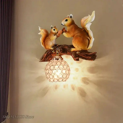 Nordic Vintage Resin Squirrel Wall Lamp Bedroom