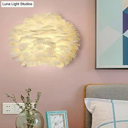 White Feather Nordic Wall Sconce with Blossoming Flower Design for Girls' Bedroom Lighting