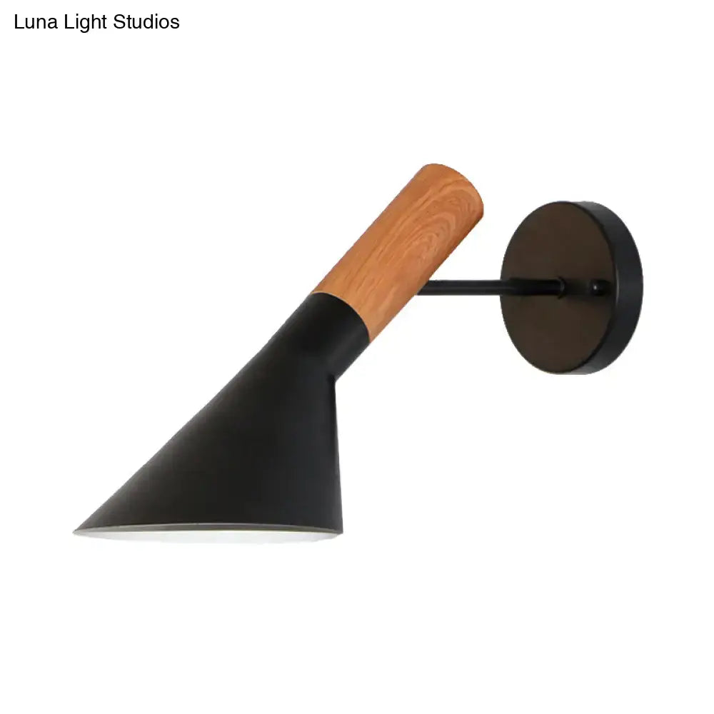 White Monochrome Wall Sconce with black conical metal shade and wooden arm on wall plate on Tampa Home & Garden Store