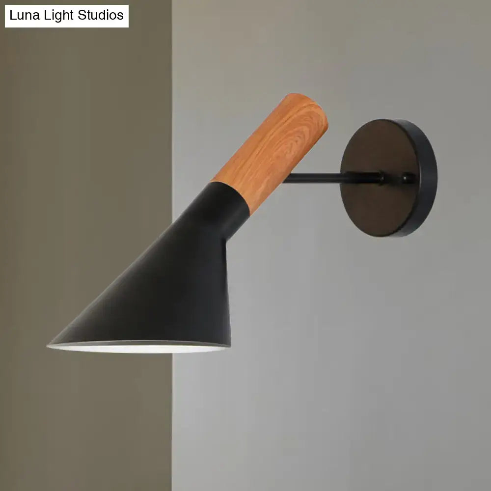 White Monochrome Wall Sconce by Decorbites with black conical shade and natural wood accent on Tampa Home & Garden Store