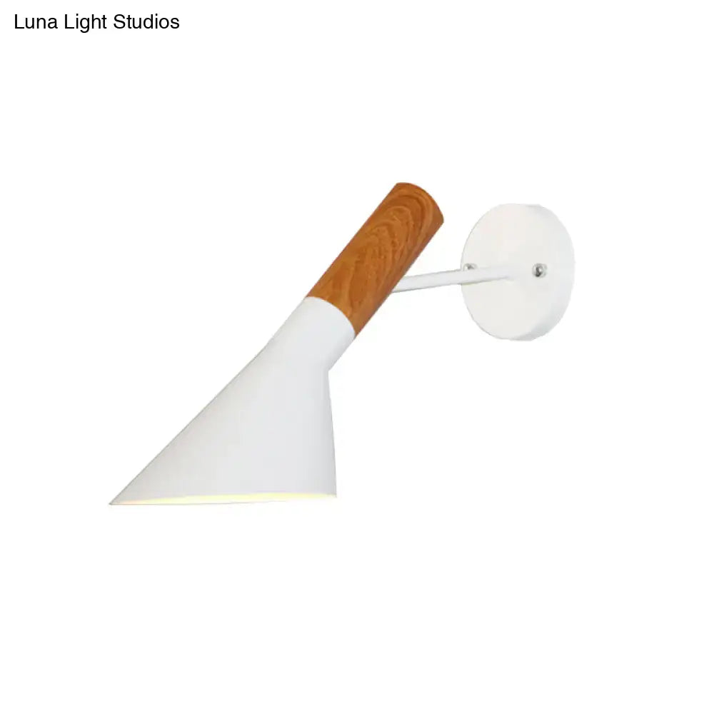 White Monochrome Wall Sconce with wooden arm accent by Decorbites, conical white shade on Tampa Home & Garden Store
