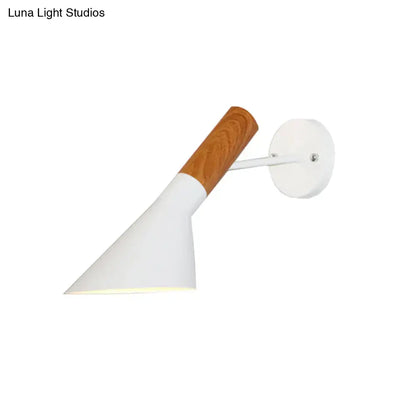 White Monochrome Wall Sconce with wooden arm accent by Decorbites, conical white shade on Tampa Home & Garden Store