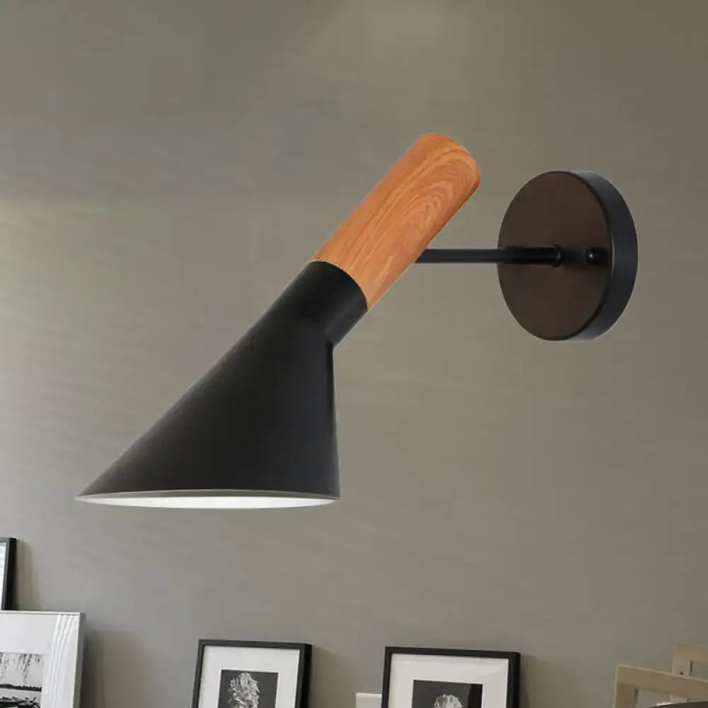 White Monochrome Wall Sconce by Decorbites with black cone shade and wood arm on Tampa Home & Garden Store