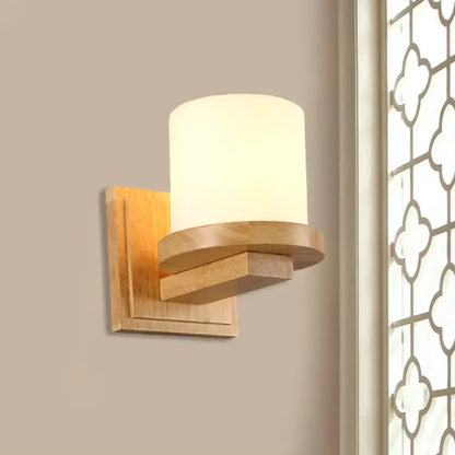 Wood Opal Wall Sconce by Decorbites, natural oak finish with cylindrical white opal shade on Tampa Home & Garden Store