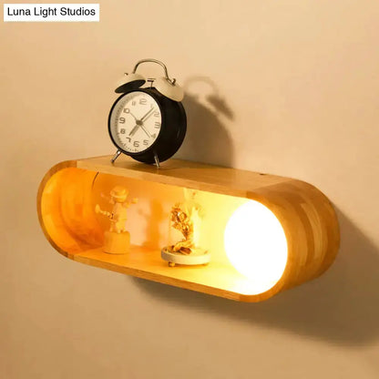 Nordic Wood Wall Lamp With Shelf For Bedroom