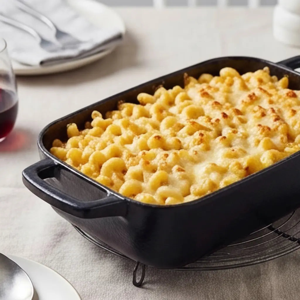 Enameled Cast Iron Roasting Pan 12x8 black Alva Cookware with baked macaroni and cheese on Tampa Home & Garden Store