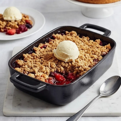 Enameled Cast Iron Roasting Pan 12x8 black, Alva Cookware with berry crumble and ice cream on Tampa Home & Garden Store