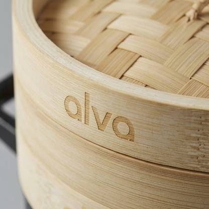 Alva Cookware bamboo steamer basket with woven lid, natural wood finish on Tampa Home & Garden Store