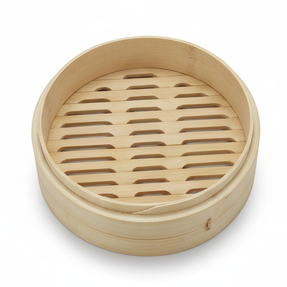 Round bamboo steamer insert with slatted base, natural wood finish on Tampa Home & Garden Store