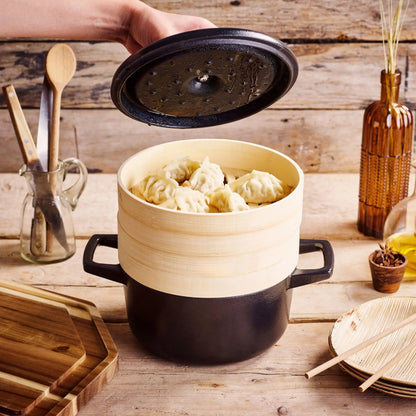 Alva Cookware Enameled Cast Iron Dutch Oven with Steamer 2.5-Qt, black pot with wooden insert on Tampa Home & Garden Store
