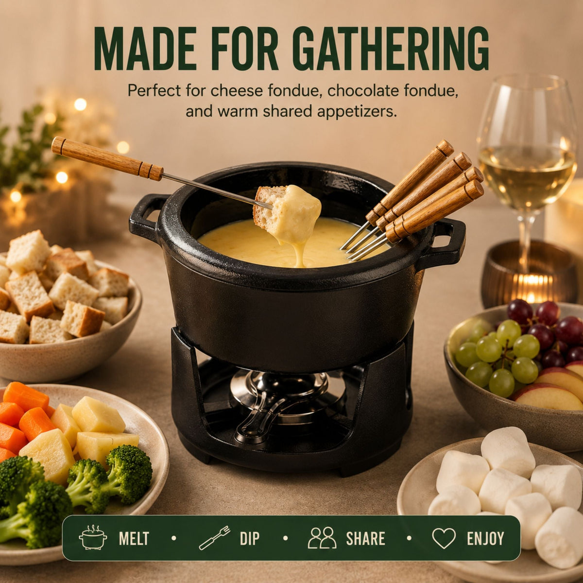 Alva Cookware enameled cast iron fondue set, 8-piece, 2-qt with wooden forks on Tampa Home & Garden Store