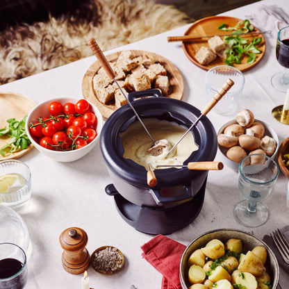 Alva Cookware enameled cast iron fondue set, 8-piece, 2-Qt in navy enamel with wooden forks on Tampa Home & Garden Store