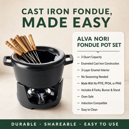 Enameled Cast Iron Fondue Set, 8-Piece, 2-Qt with 8 wooden-handled forks, Alva Cookware on Tampa Home & Garden Store