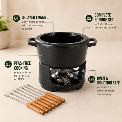 Enameled cast iron fondue set, 2-Qt, 8-Piece Alva Cookware with forks on Tampa Home & Garden Store