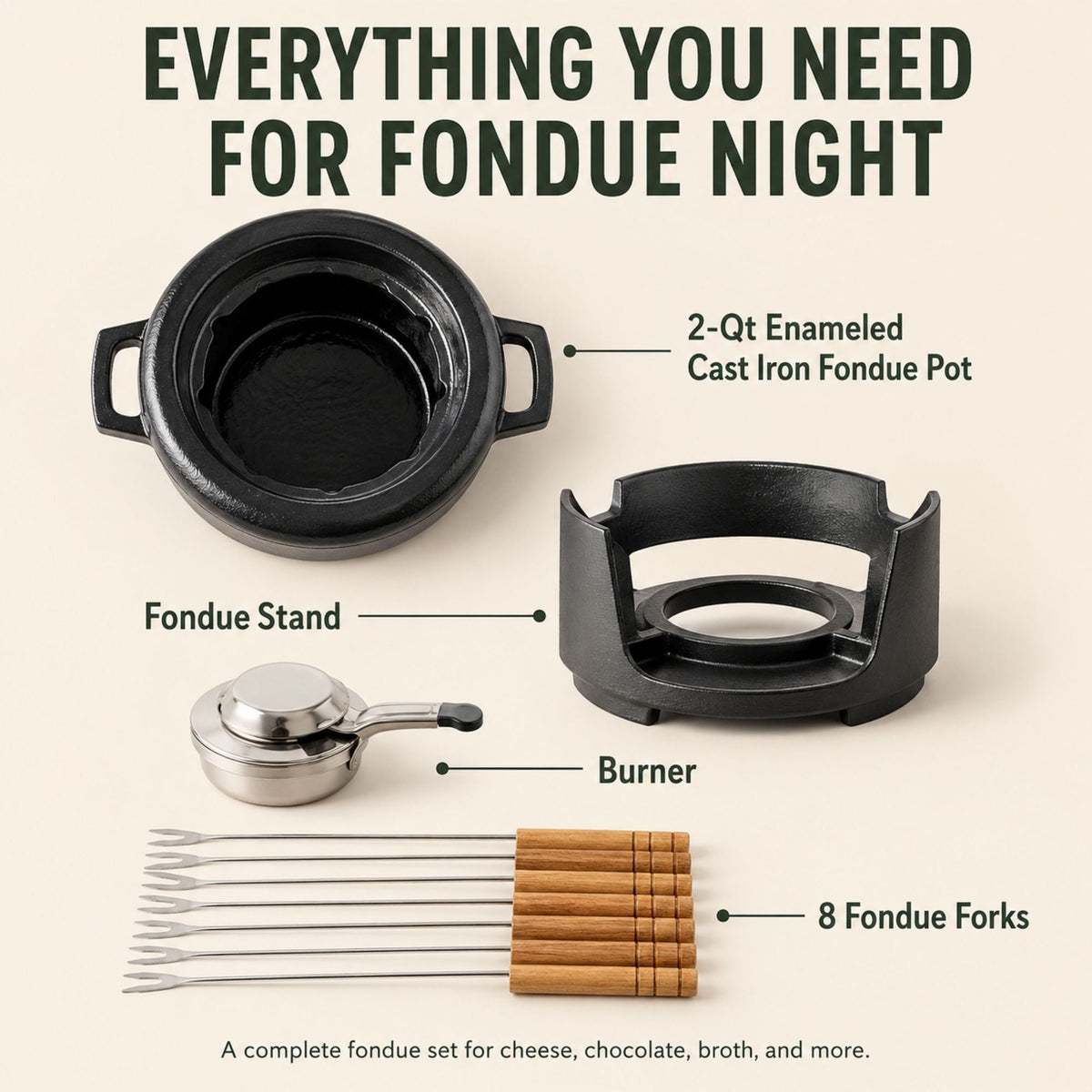 Alva Cookware enameled cast iron fondue set 2-Qt, 8-piece with pot, stand, burner and 8 forks on Tampa Home & Garden Store