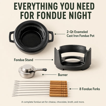 Alva Cookware enameled cast iron fondue set 2-Qt, 8-piece with pot, stand, burner and 8 forks on Tampa Home & Garden Store