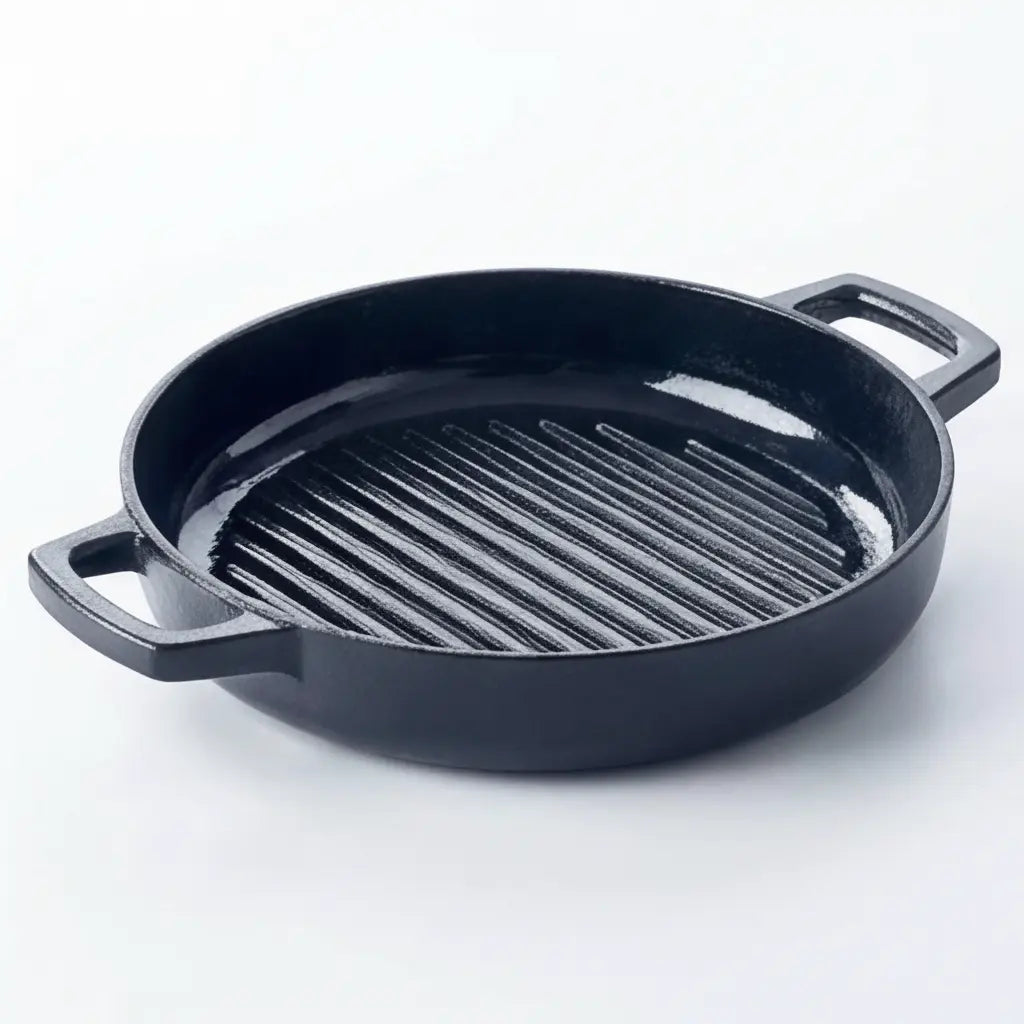 Enameled cast iron grill pan, 11-inch, black with ridged surface and handles by Alva Cookware on Tampa Home & Garden Store