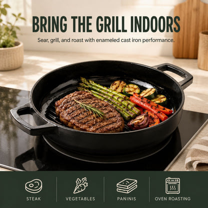 Alva Cookware 11-inch enameled cast iron grill pan in black with steak and grilled asparagus on Tampa Home & Garden Store