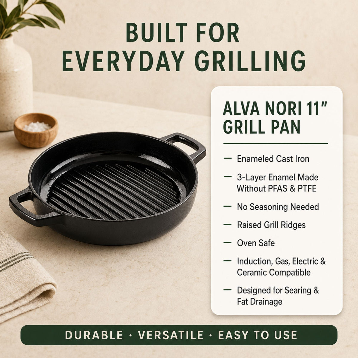 Alva Cookware enameled cast iron grill pan 11 in black ridged surface on Tampa Home & Garden Store