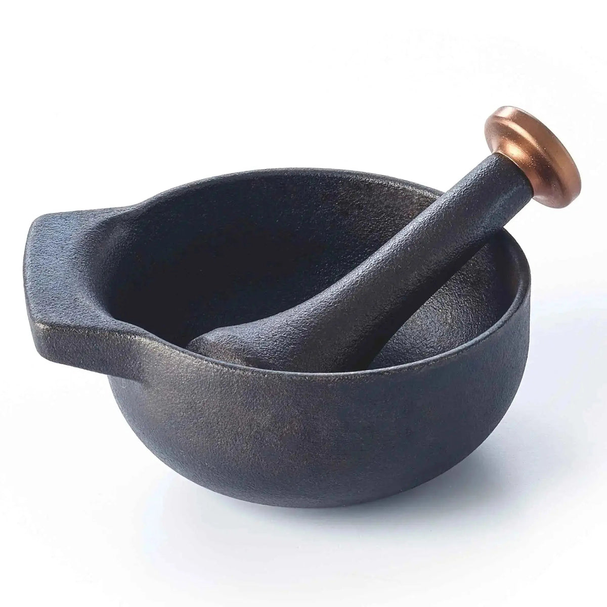 Enameled cast iron mortar & pestle set 2-cup; black with copper knob pestle Alva Cookware on Tampa Home & Garden Store