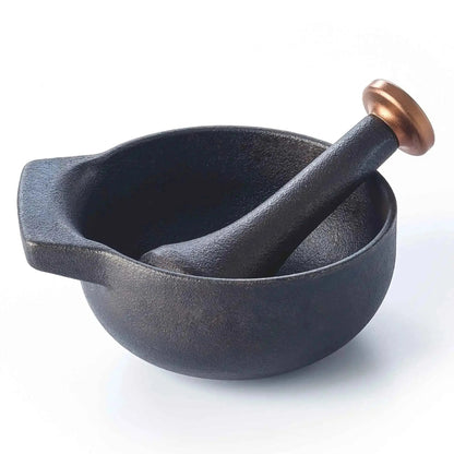 Enameled cast iron mortar & pestle set 2-cup; black with copper knob pestle Alva Cookware on Tampa Home & Garden Store
