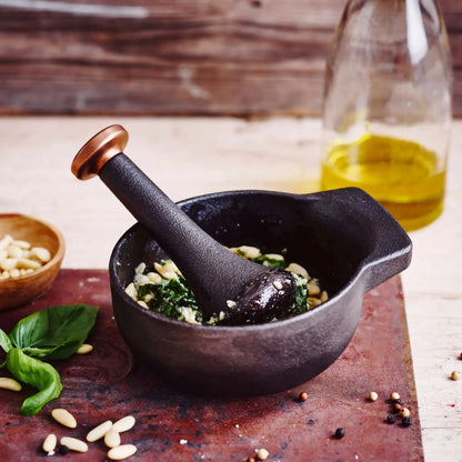 Enameled cast iron mortar & pestle set, 2-cup, black with copper pestle by Alva Cookware on Tampa Home & Garden Store