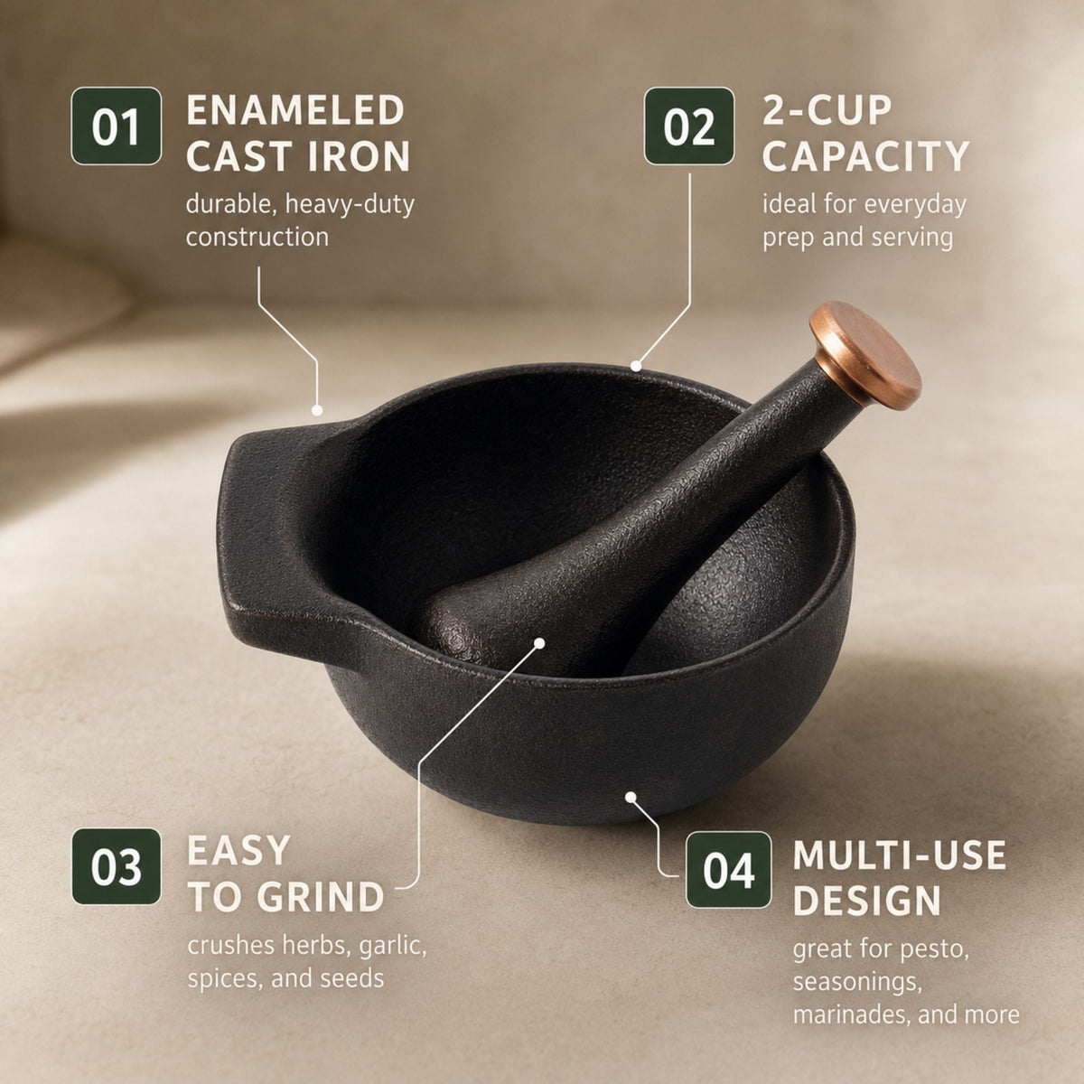 Alva Cookware enameled cast iron mortar and pestle set, 2-cup black with copper pestle on Tampa Home & Garden Store